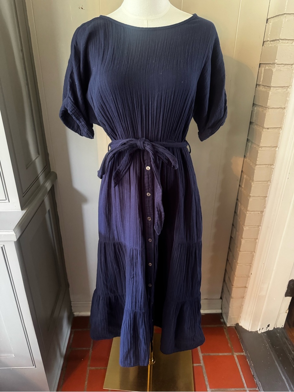 Xirena Navy Tiered Button-Front Midi/maxi Dress with Tie Waist